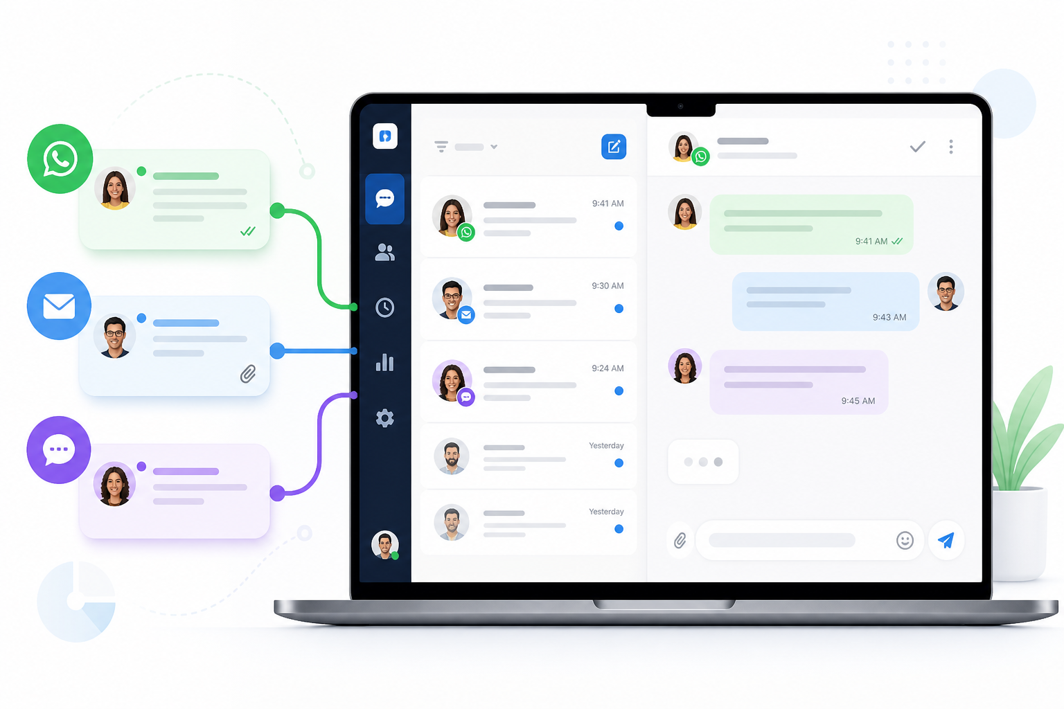 Interface de plateforme unifiée montrant des conversations WhatsApp, e-mail et SMS