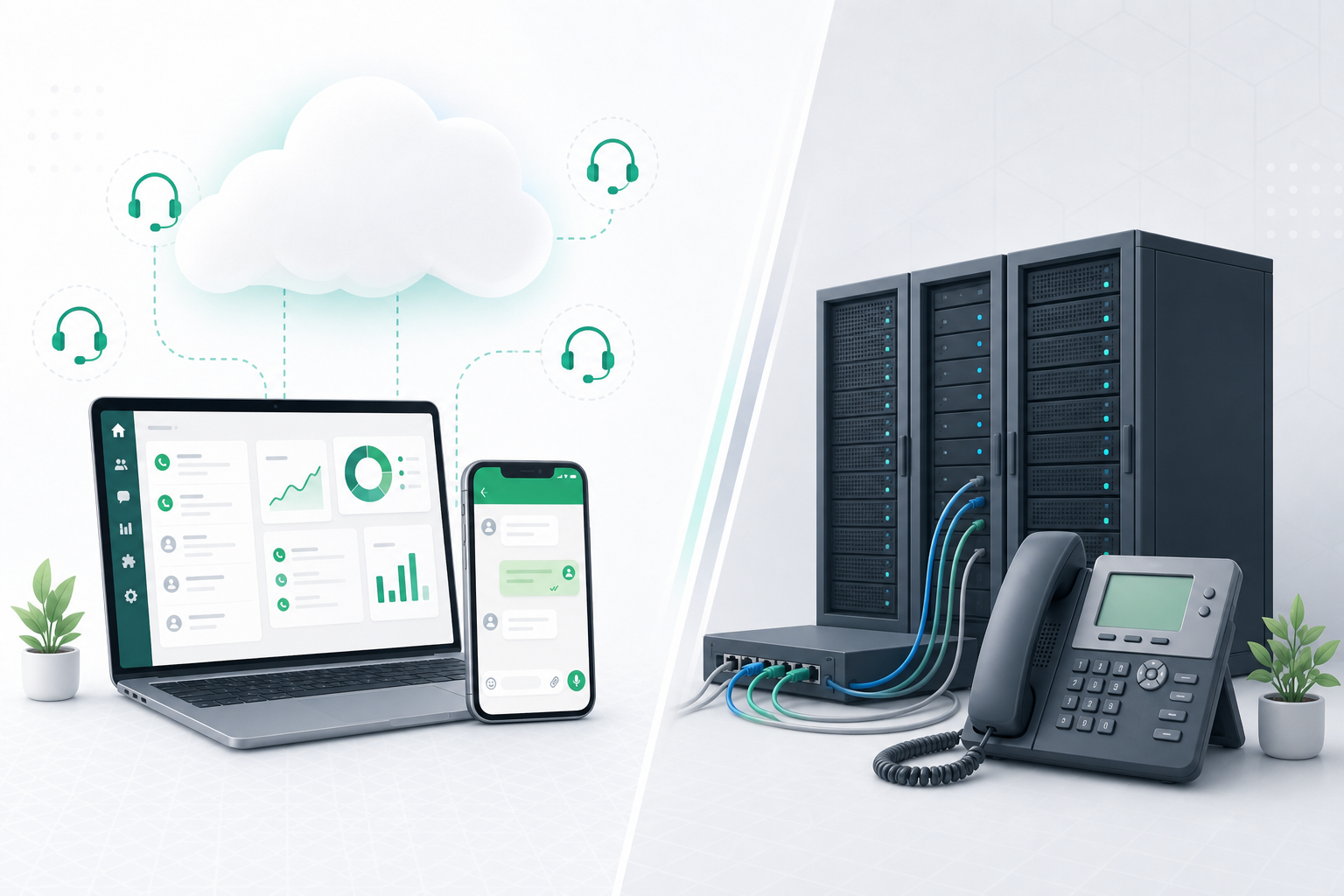 Comparaison visuelle entre un centre d'appels cloud et un centre d'appels on-premise