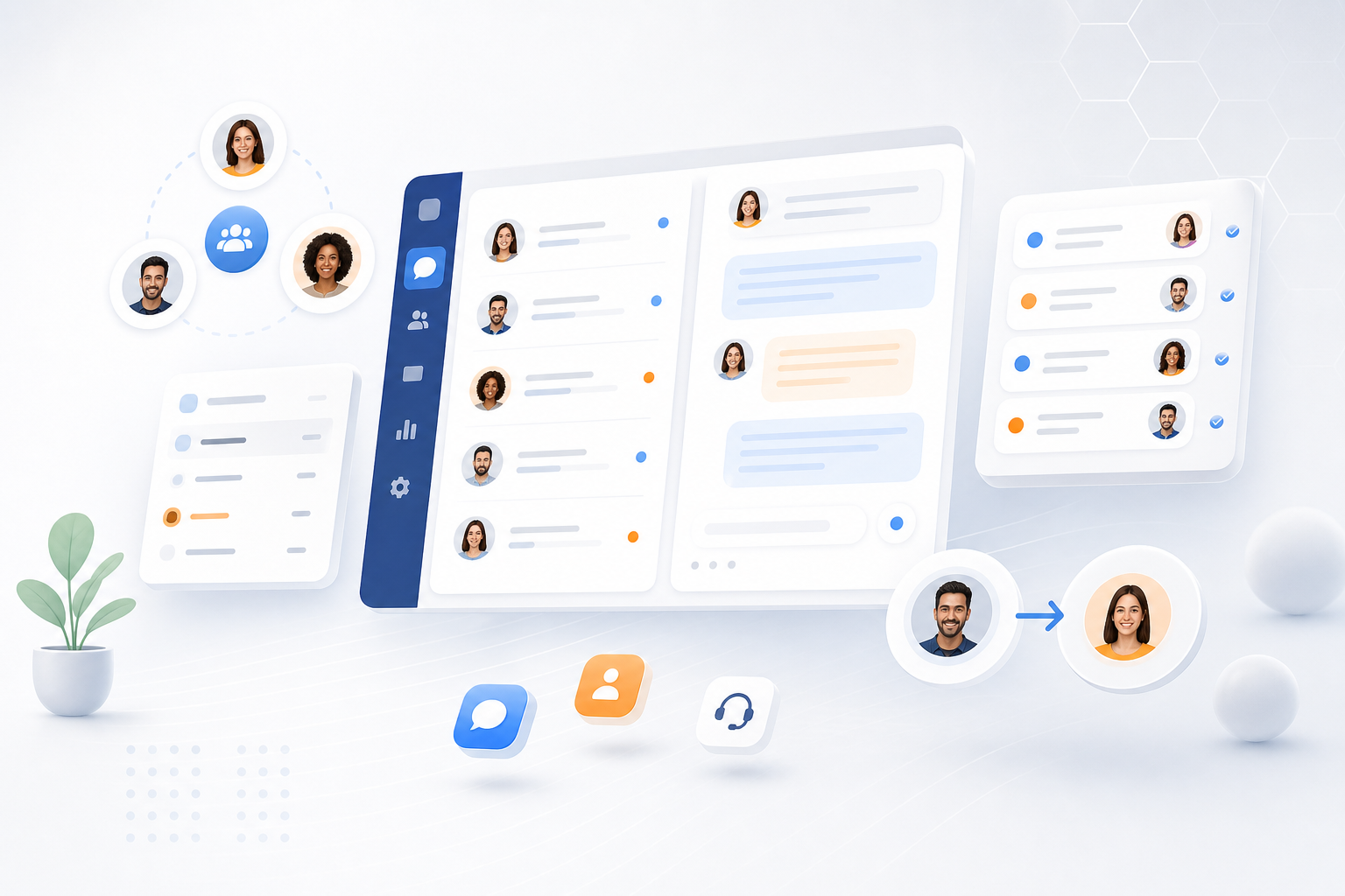 Équipe support collaborant avec notes internes, mentions et transferts de conversations