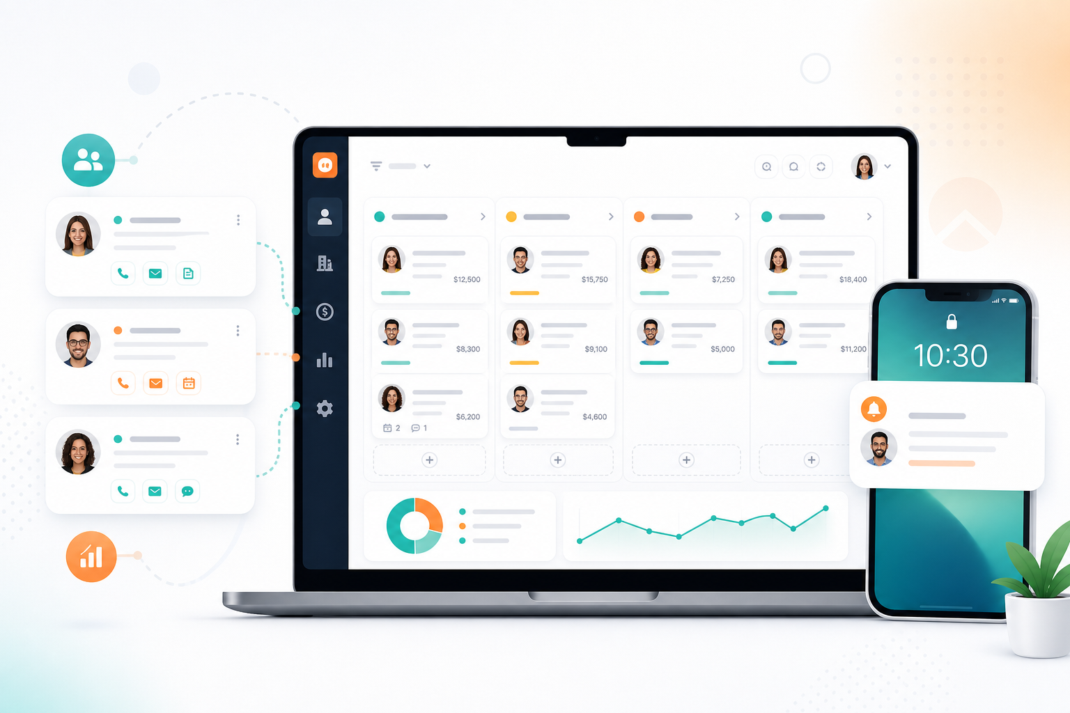 Tableau de bord CRM pour PME avec fiches contacts et pipeline de ventes
