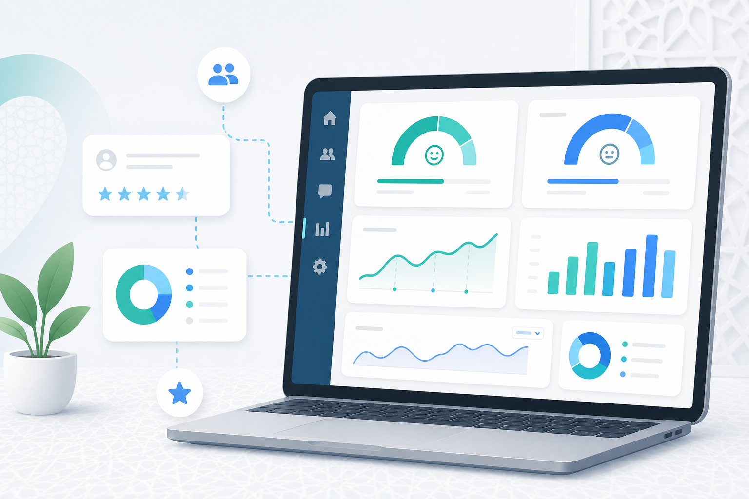 Tableau de bord avec les KPIs essentiels du service client : CSAT, NPS, FCR, AHT