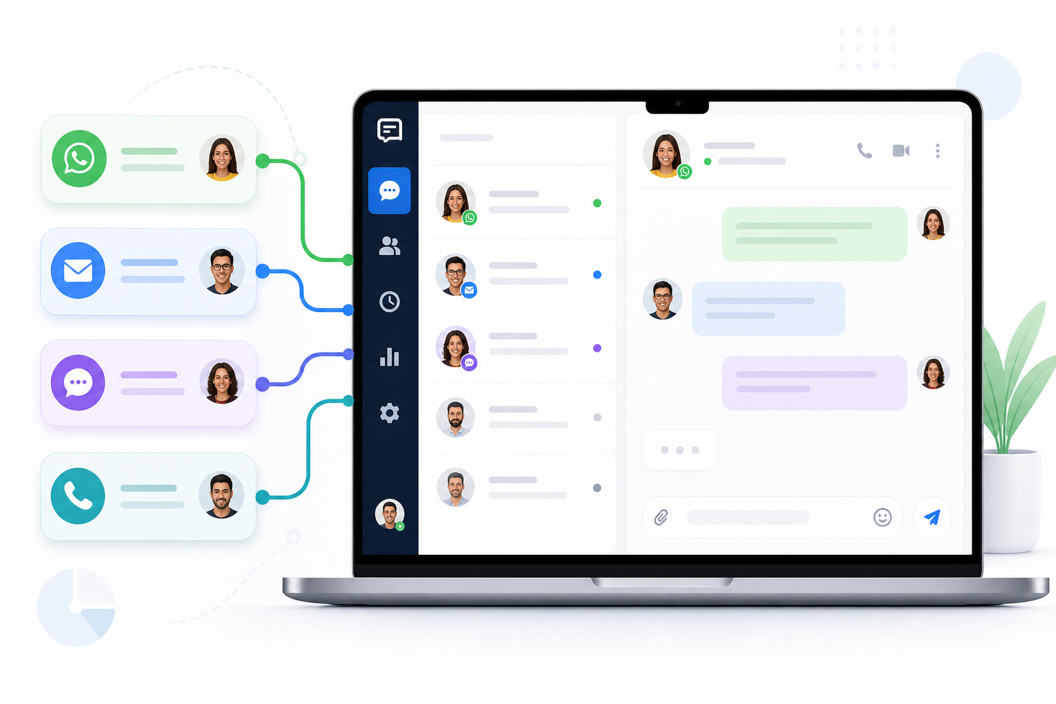 Schéma montrant les différents canaux de communication client convergent vers une plateforme unifiée
